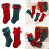 2 Paar Klassische Kniehohe Socken Weihnachten Thema Socken mit Schleifchen Dekoration für Baby Mädchen 2024 Neujahrsgeschenk