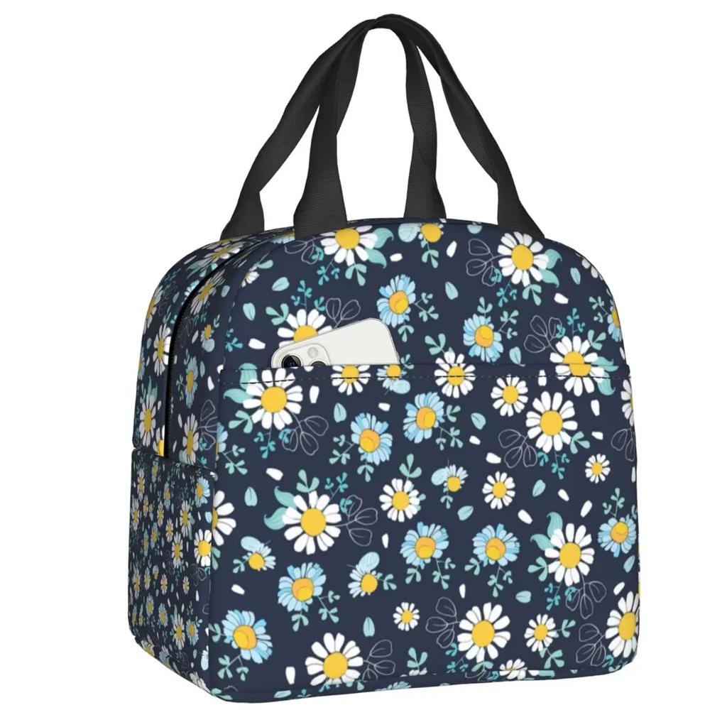 Custom Daisy Floral Lunch Bag Women Cooler Thermal Insulated Daisies Flower Lunch Box for Kids School Work Picnic Food Tote Bags