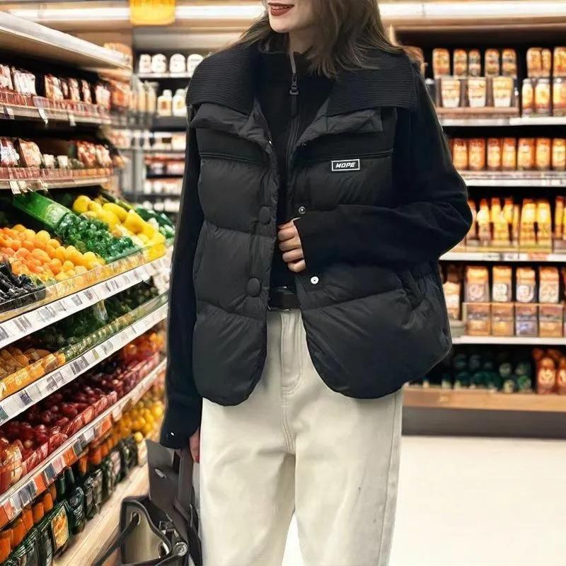 

Women Autumn Lapel Striped Solid Button Patch Casual Sleeveless Vest Loose Thicken Cardigan Tops XXS чёрный