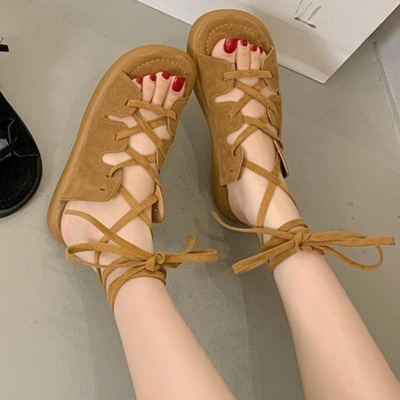 

Fashion Women s Fashion Sandals Summer New Round Toe Open Toe Front Lace-Up Soft Sole Non-Slip Wear-Resistant Flats 40