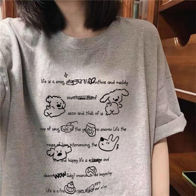 Women's Cute Doodle Print Oversized T-shirt Short Sleeve Loose Fit Casual Daily Tee