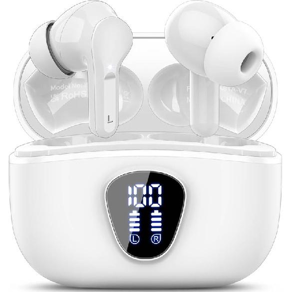 

Wireless Earbuds, Bluetooth 5.4 Headphones HiFi Stereo, Bluetooth Earbuds with ENC Noise Cancelling Mic, IP7 Waterproof in Ear Earphones, 48H, LED білий