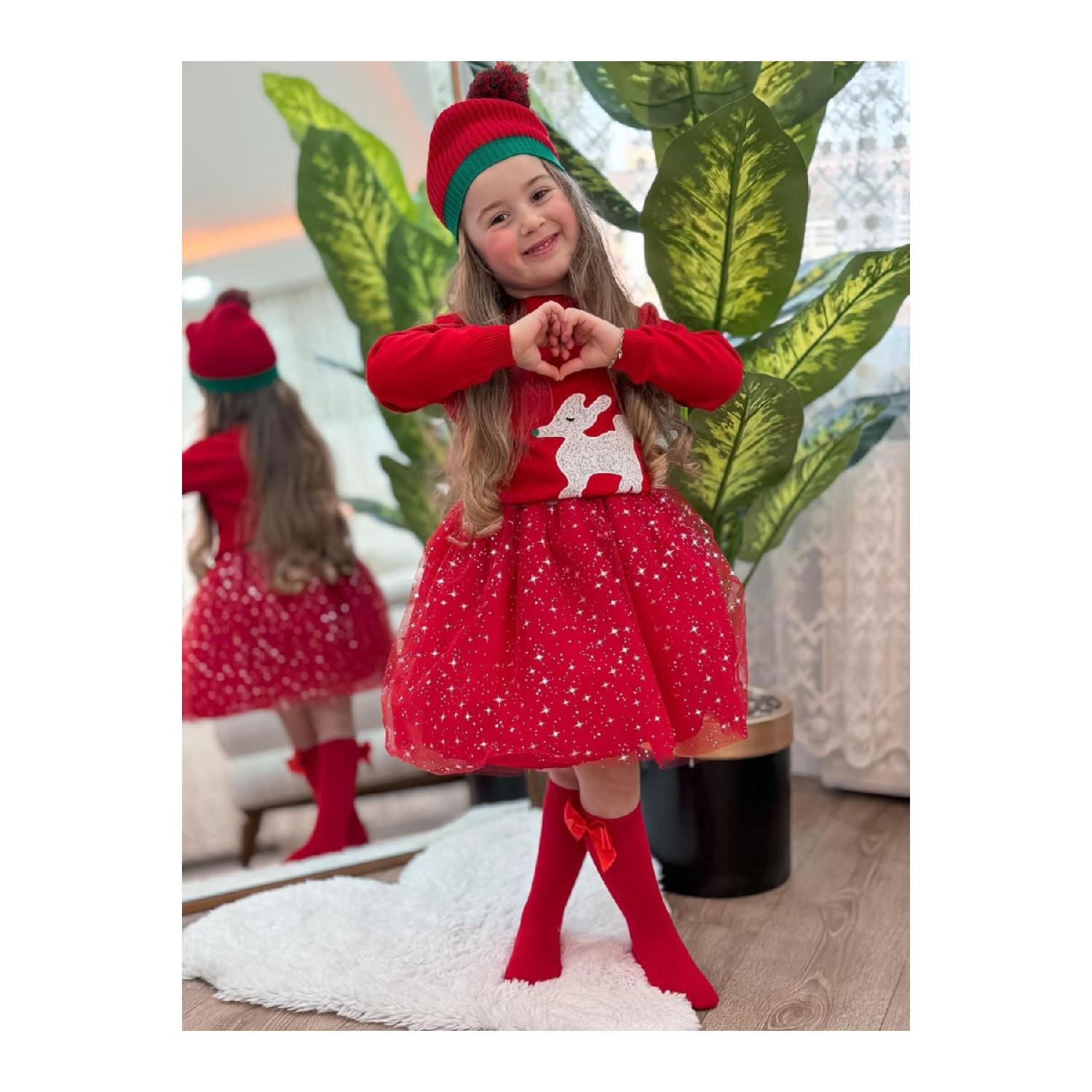 

Christmas New Year Concept Sweater Tutu Hat Girl 3-piece Set 3-4 Yaş красный
