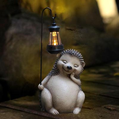 Garden Statue with Solar Light Hedgehog Figurine Lantern Lamp Night Patio Resin Animal