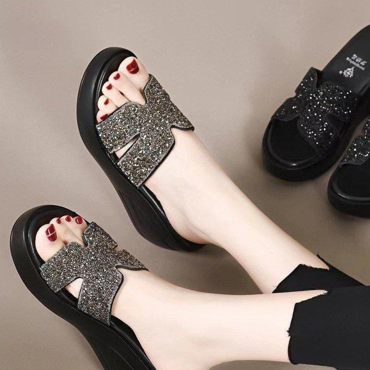 High-heeled soft leather thick bottom H half-mop summer outer wear muffin bottom one-word drag diamond mop slope and rhinestone sandals