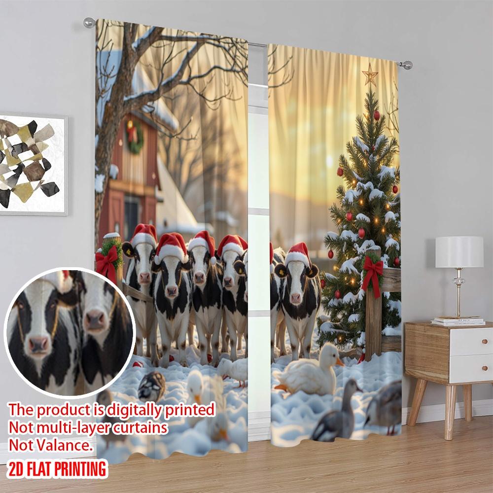2pcs 2D Flat Printing Merry Christmas Curtains Merry Christmas Farm Cute Animals Polyester Without Electricity Party & Holiday