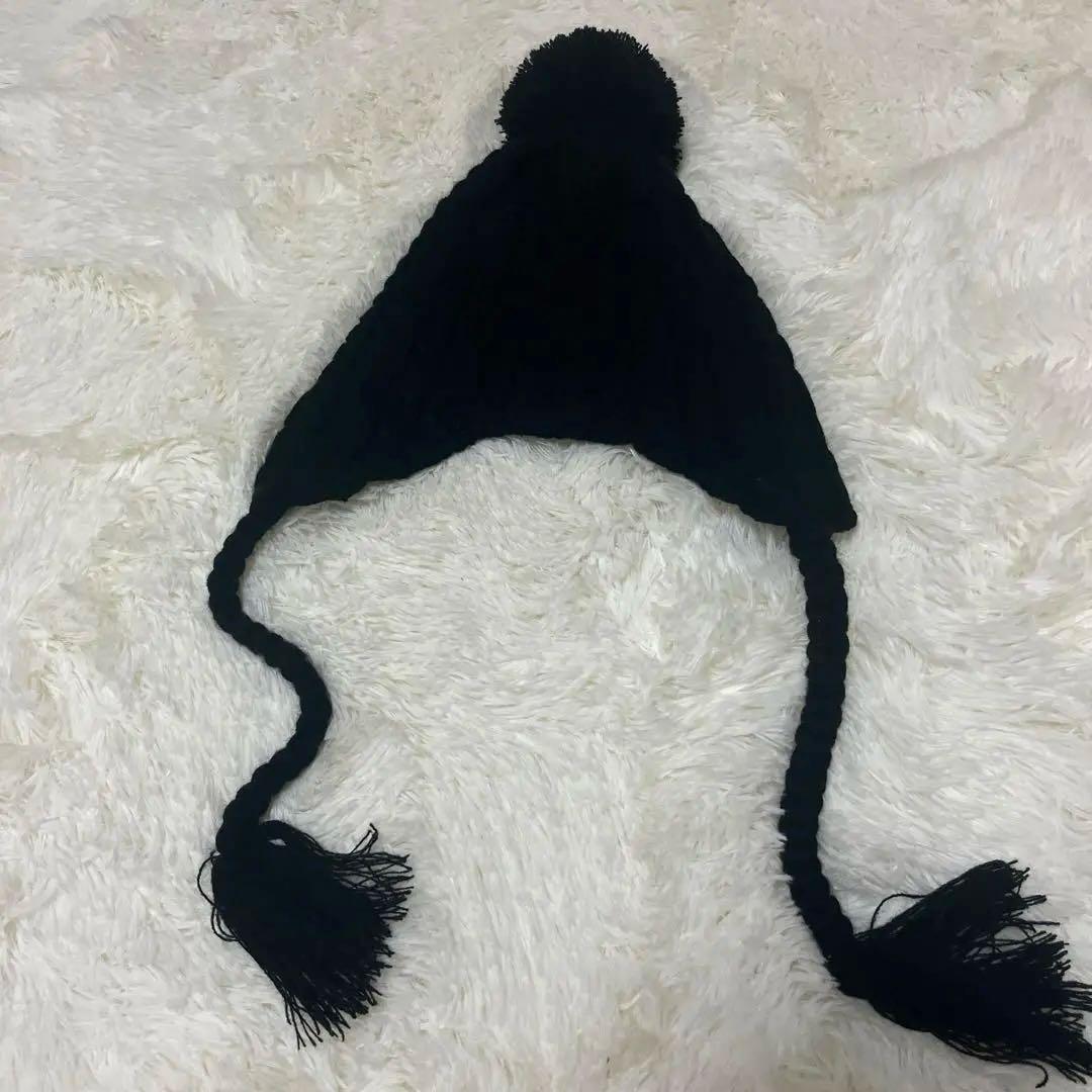 

[Б/У] Винтажная вязаная шапка-бини с помпоном в стиле летчика 90-х годов, черного цвета