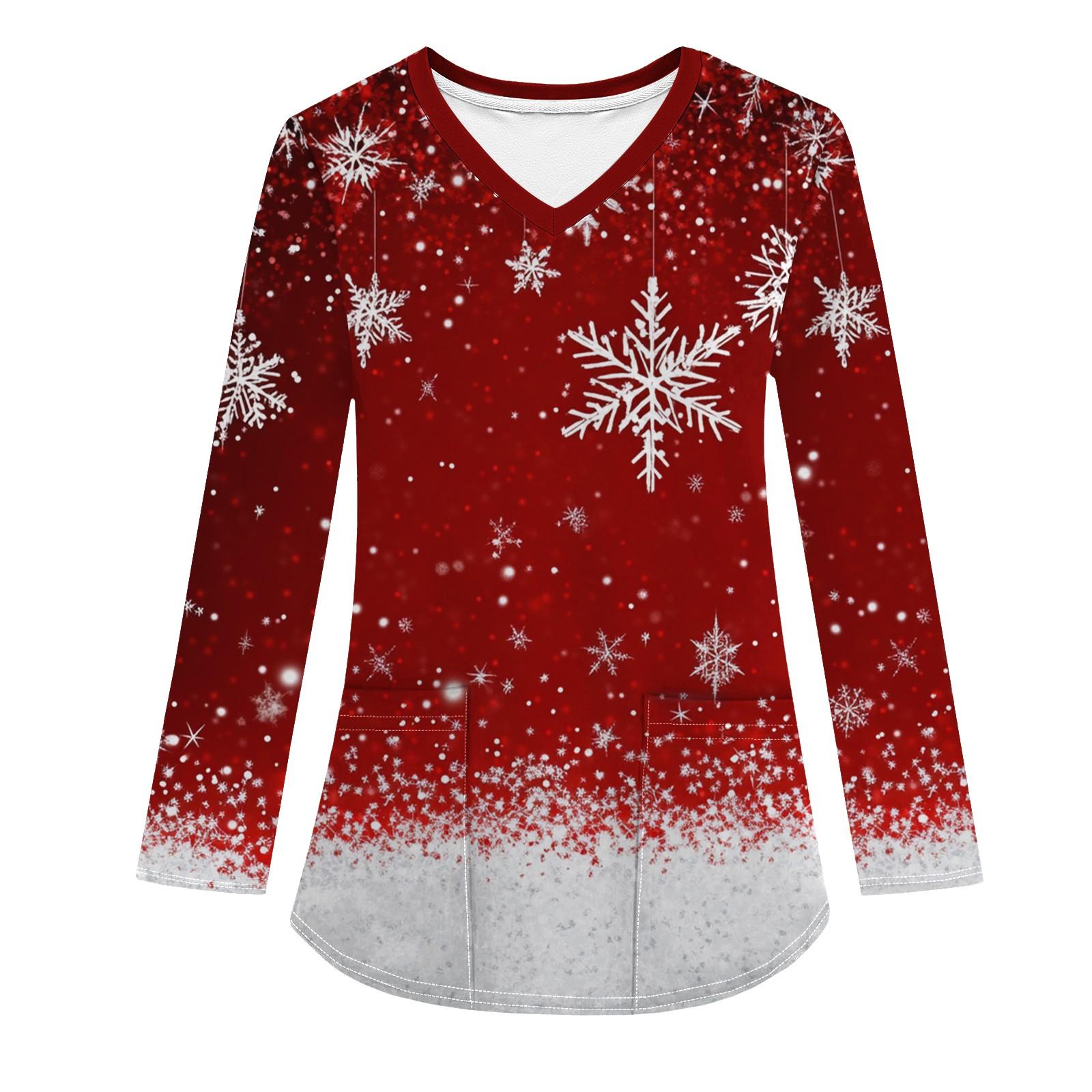 

Женская модная рабочая одежда с V-образным вырезом, длинным рукавом и карманом, рождественский принт, футболка, топ L белый