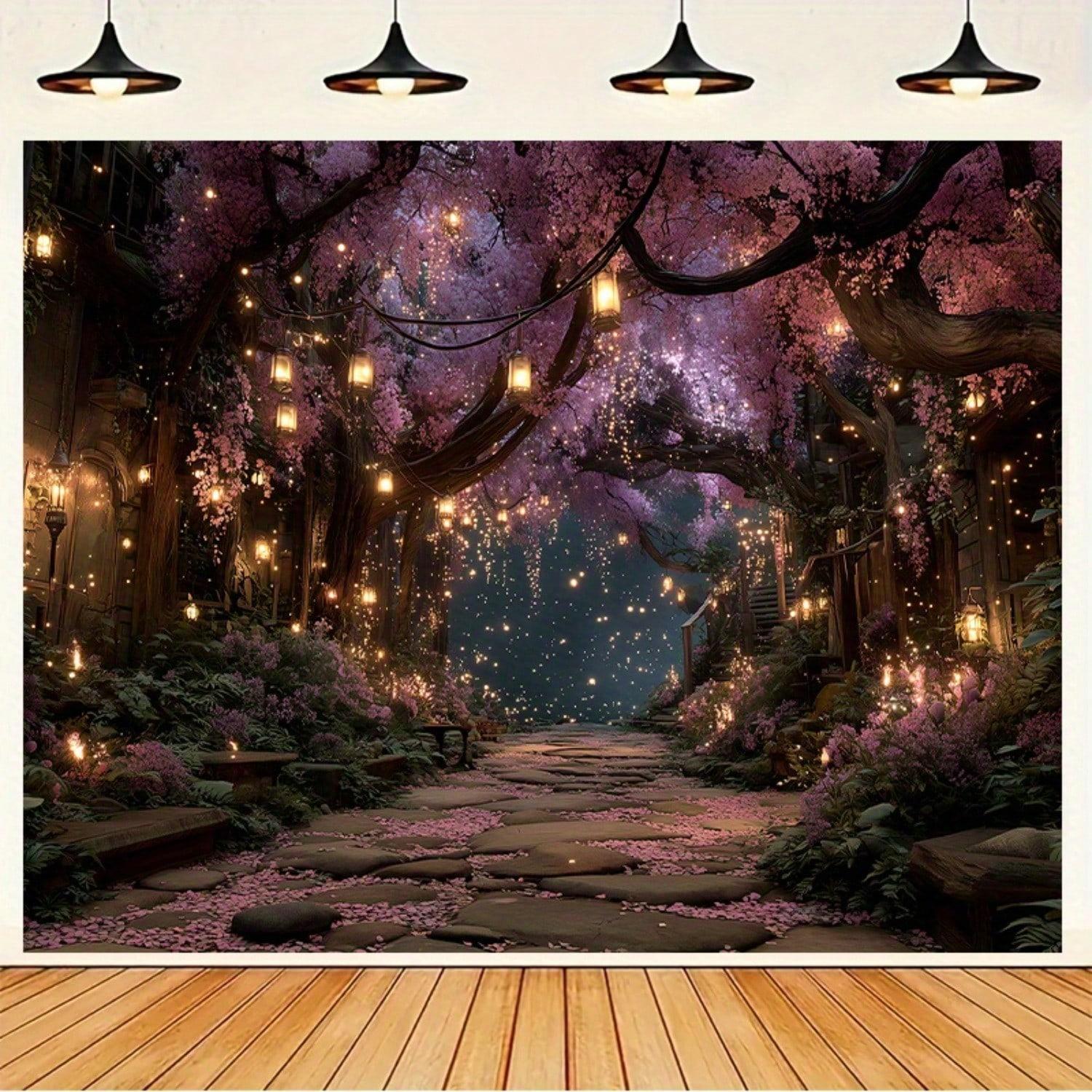 1pc Enchanted Cherry Blossom Tapestry, Magical Forest Wall Hanging, Cool Room Stuff, Large Size, Polyester 2D Print, Bedroom Stu 100X70CM