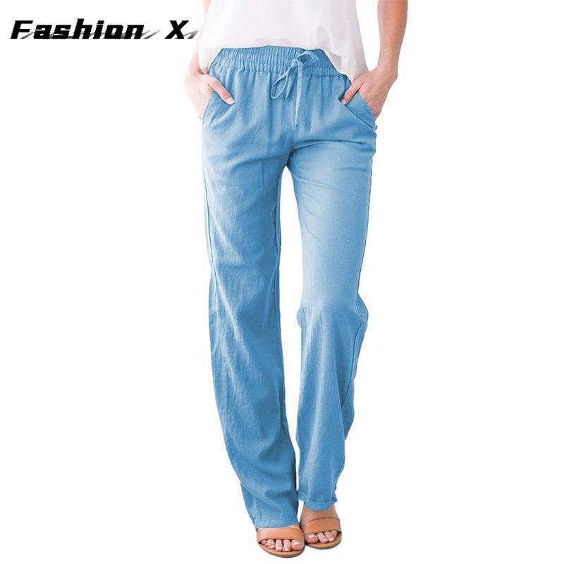 Pantaloni da donna larghi a gamba larga tinta unita cotone lino coulisse pantaloni casual