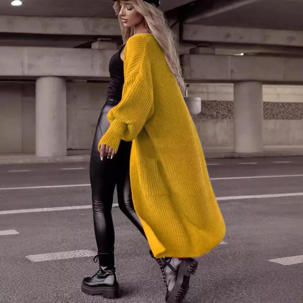 Women's Oversized Knit Cardigan with Lantern Sleeves and Pockets - Autumn/Winter Collection