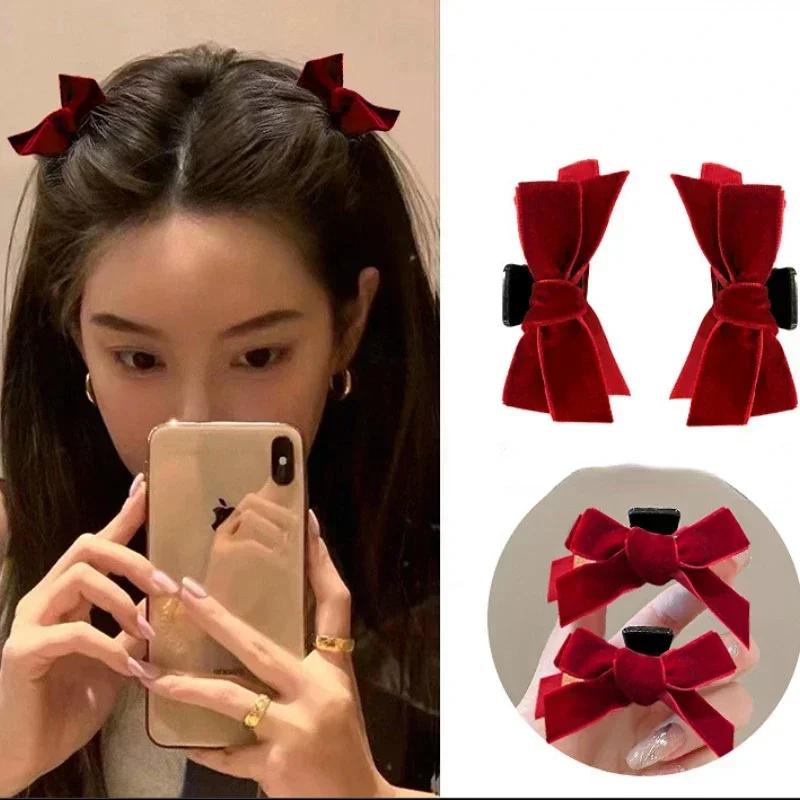 Korean 2pcs Sweet Black Red Bow Small Hair Claw Clip Princess Velvet Bow Hair Clip Claw Clamp Headwear Girls Women
