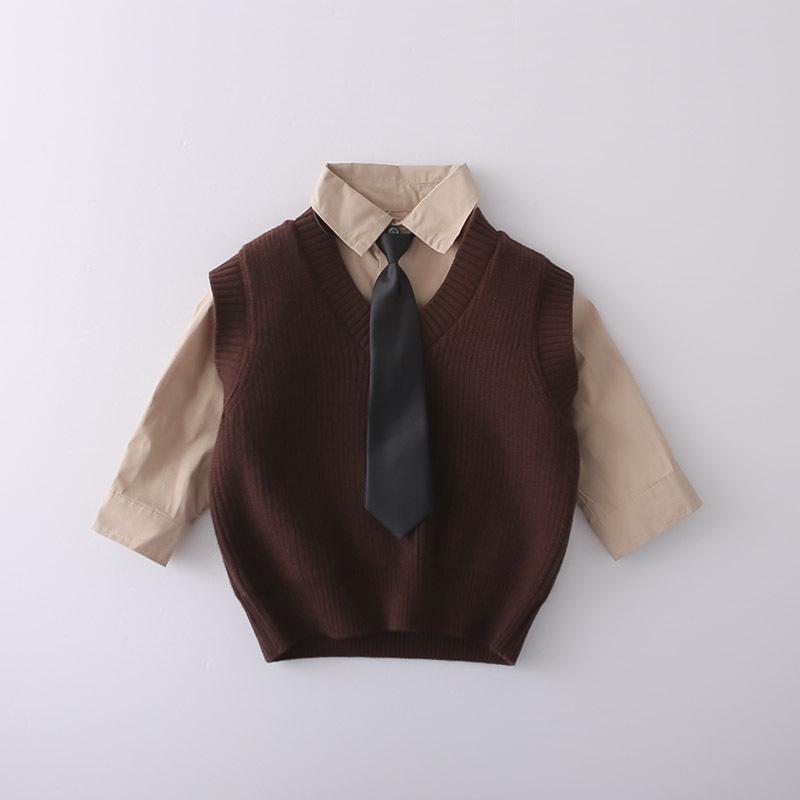 2026 Spring Children's Knit Vest & Long Sleeve Three-Piece Set - Korean Style Fashion for Boys