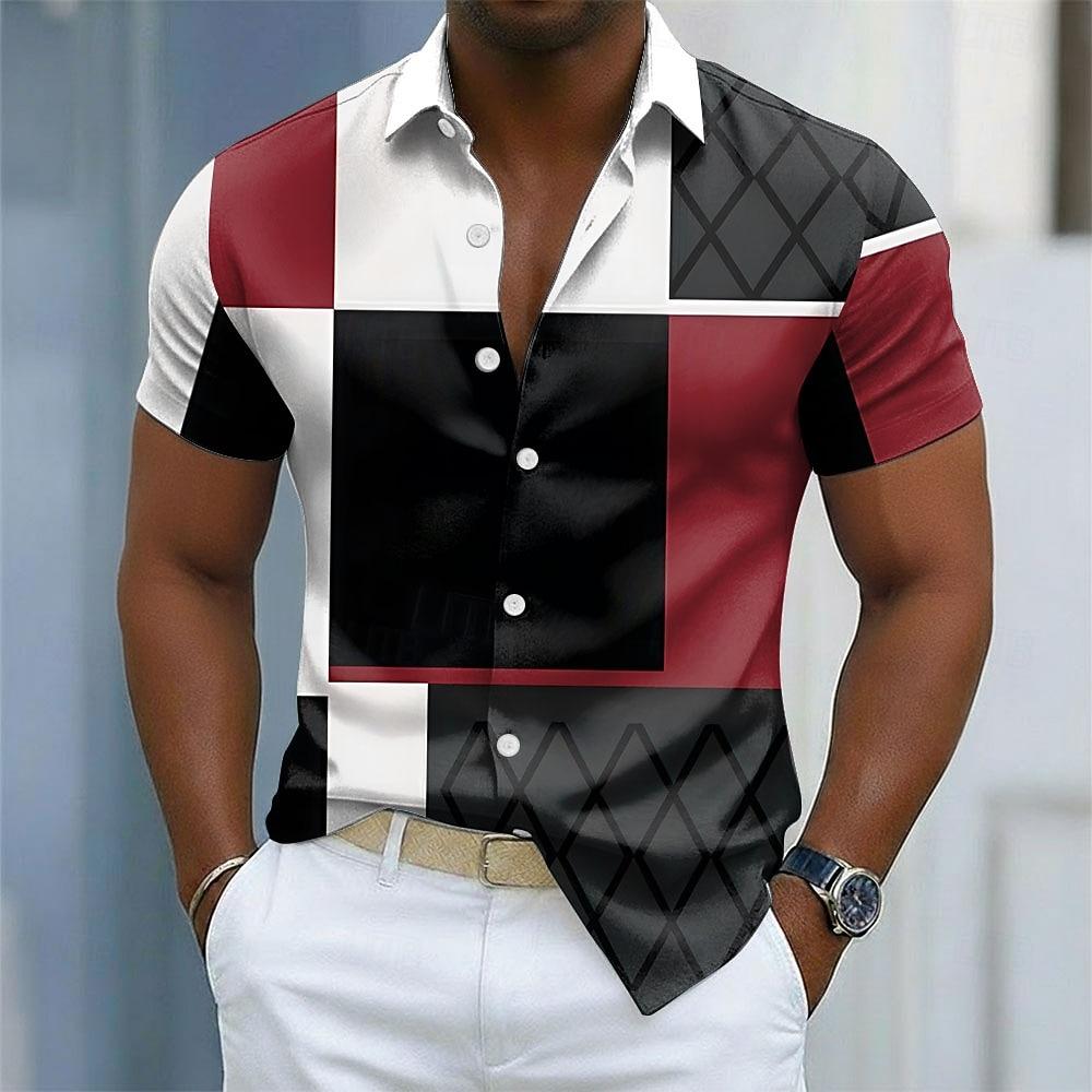 Men s Color Block Patchwork Shirt Button Up Short Sleeve Casual Streetwear 3D Print Turndown Shirt S