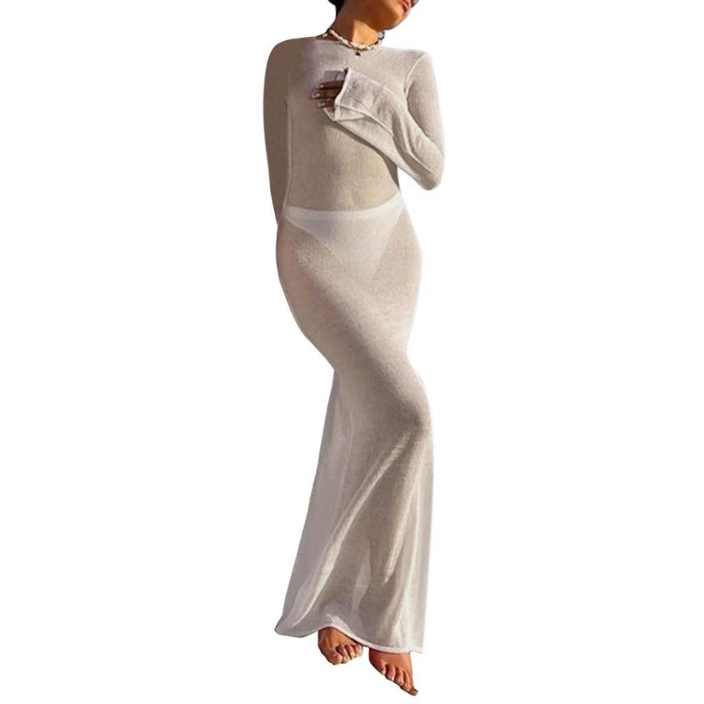 LYRIA Fashion Women Wrapped Dress Long Sleeve Round Neck See Through Sunscreen Solid Color Backless Beach Long Dress Summer Cover Up