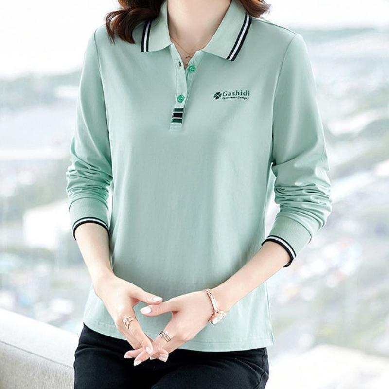 Женская футболка с длинным рукавом больших размеров Осень Зима Для мамы среднего возраста Базовый слой Повседневный топ с воротником поло