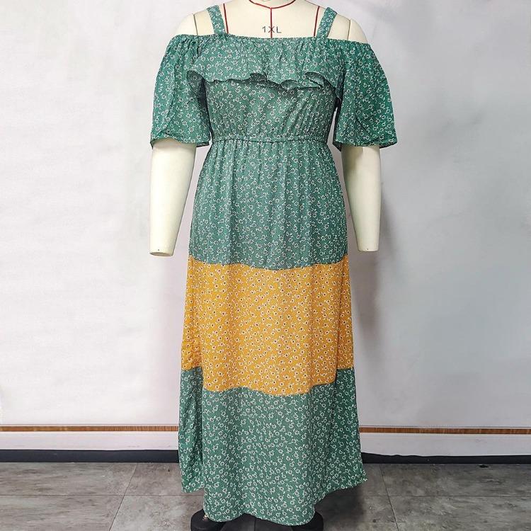 Plus Size Floral Long Dress Women Loose Sling Ruffled Contrast Color Spring Summer XL 4XL Fashion Trendy
