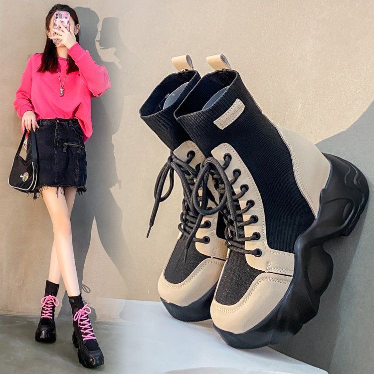 2025 Spring Women Thick Sole Ankle Boots Autumn Casual Boots Women's 7cm High Heels Wedge Boots Shoes Woman Sneakers