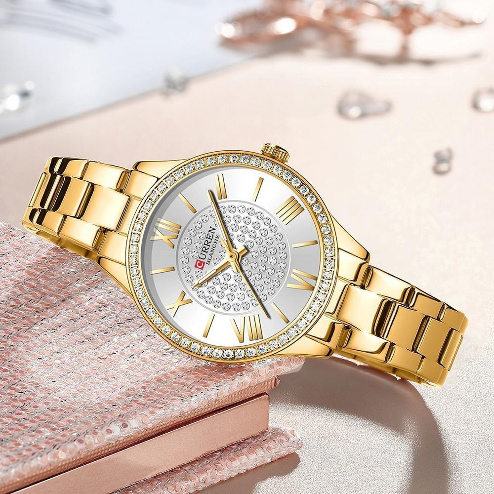 CURREN Fashion Women Gold Watches Luxury Diamond Dial Ladies Wristwatch Stainless Steel Bracelet Waterproof Luminous Classic Female Clock