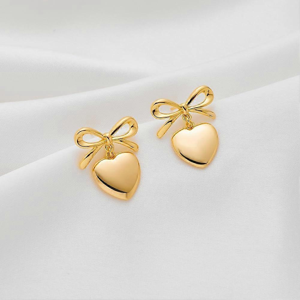 Gold Heart Dangle Earrings For Women Ribbon Bow Dangle Earrings