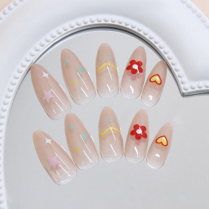 Sweet Red Flowers, Fresh Lines, Polka Dots, Stars, Versatile Girly Removable Wearable Nails, 24 Pieces