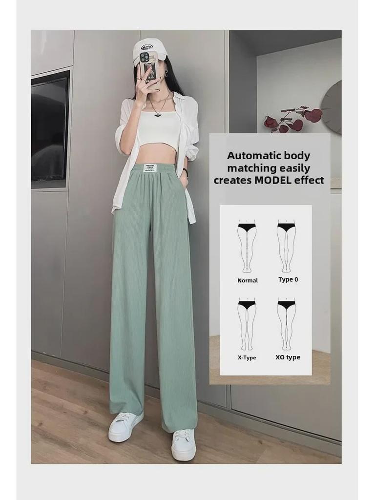 Women's Ice Silk Pleated Wide-Leg Pants with Pockets, Slim Fit, Spring Collection
