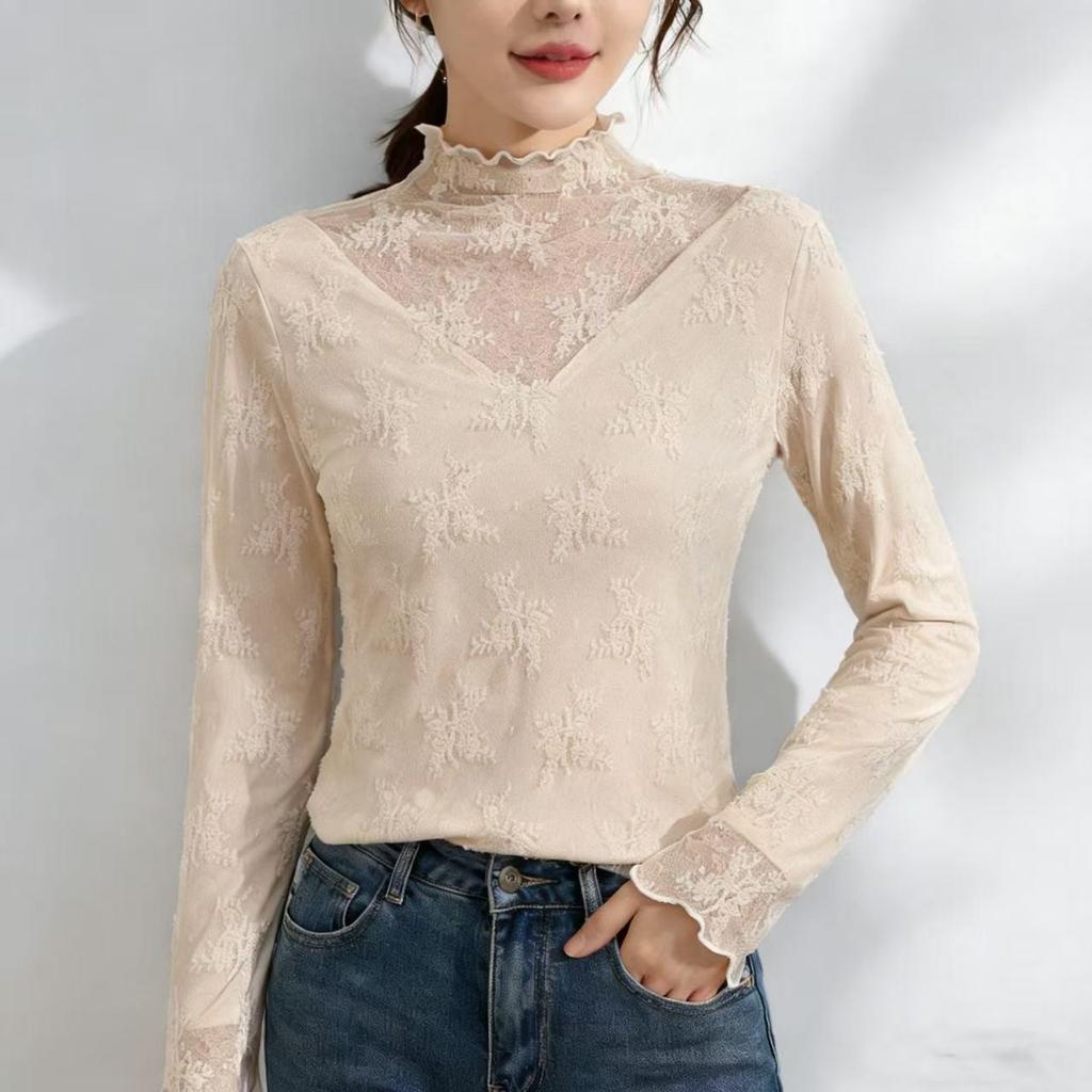 Women's High-End Lace Base Layer Top, Autumn/Winter, Velvet Warmth, Mesh Jacquard Collar, Slightly Sheer, Stylish Design