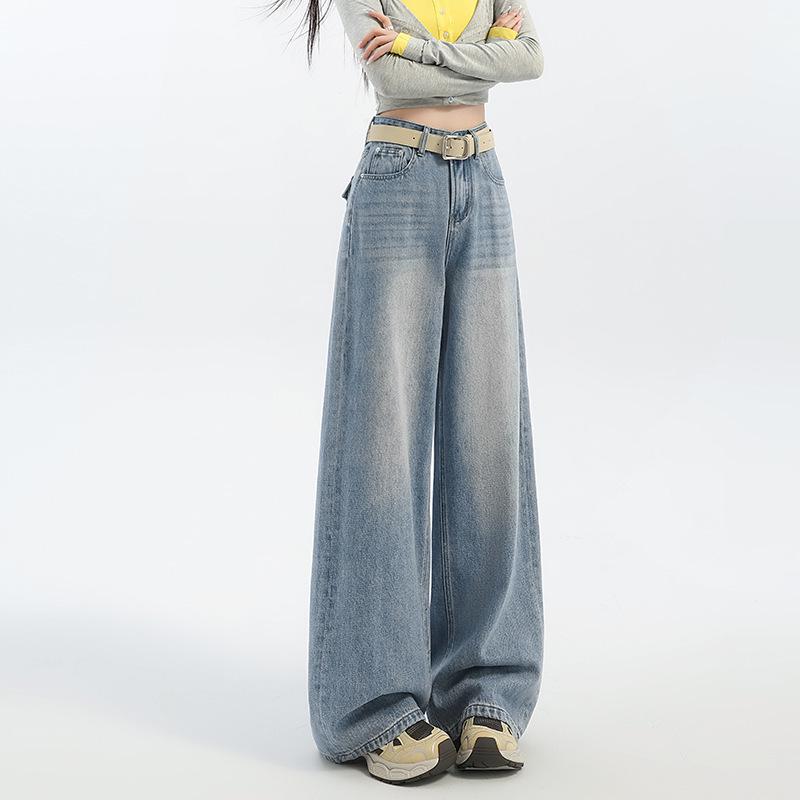

Fleece-Lined Retro Light Blue High-Waisted Wide-Leg Jeans for Women - Slimming and Warm for Autumn/Winter S