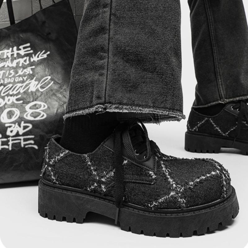 Fashion Men's New Washed Denim Platform Round Toe Derby Shoes Casual Big Head Leather Shoes Niche Avant-Garde Streetwear Shoes for Men's