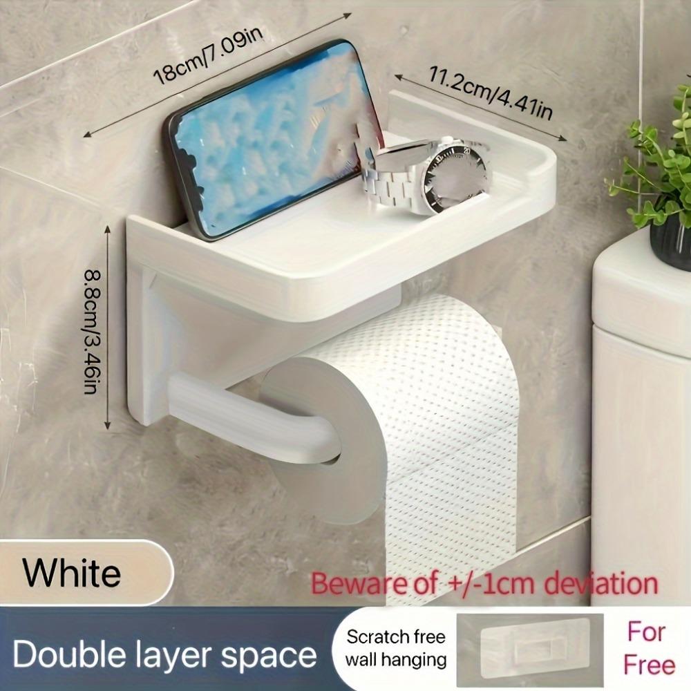 1pc Modern Self-Adhesive Plastic Toilet Paper Holder with Shelf, Wall Mounted No-Drill Tissue Roll Dispenser with Storage for Bathroom Accessories