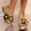 Slope Heel Cool Slippers Women's 2025 Summer New Rhinestone Flower Fish Mouth Slippers Thick Bottom Muffin One-word Drag Women
