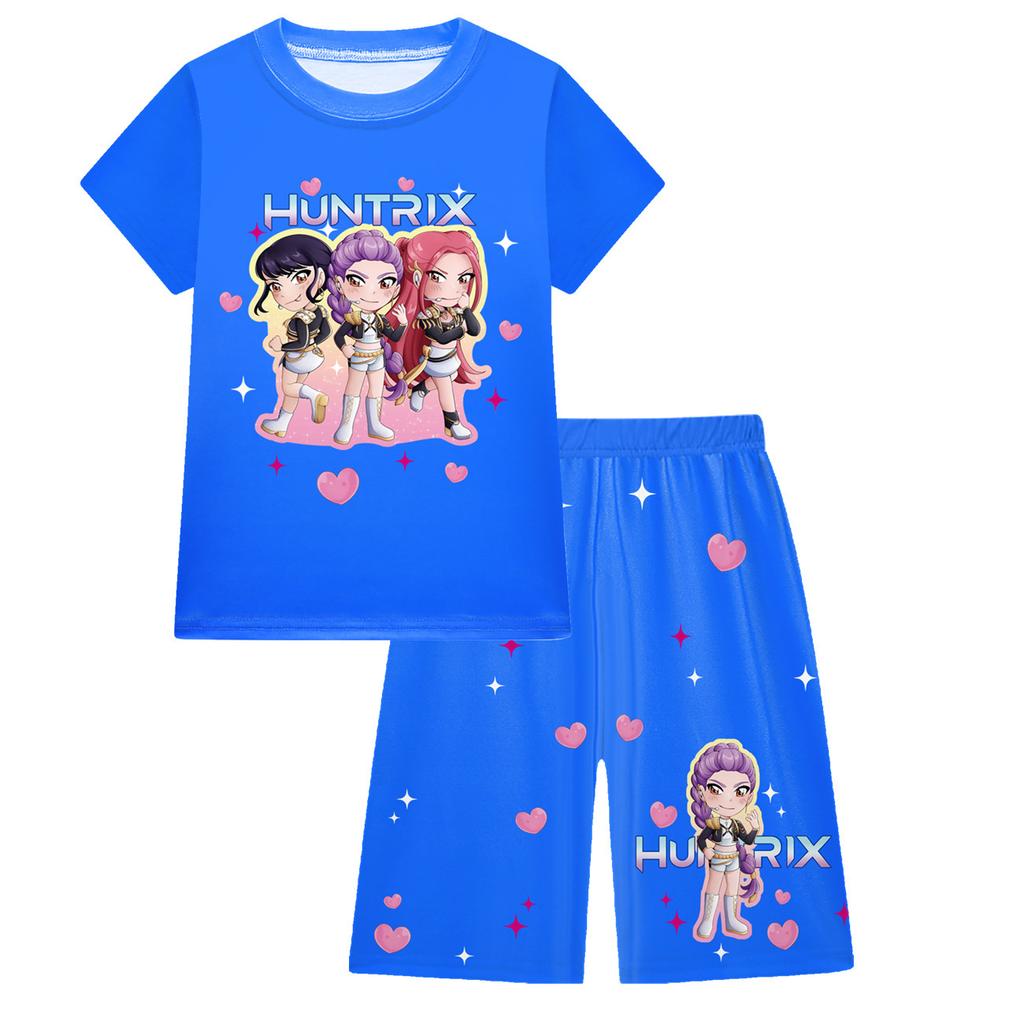 KPOP Mädchen T-Shirt und Hosen Set, Demon Slayer Cartoon, Zweiteiliges Kurzarm- und Shorts-Set für große Kinder