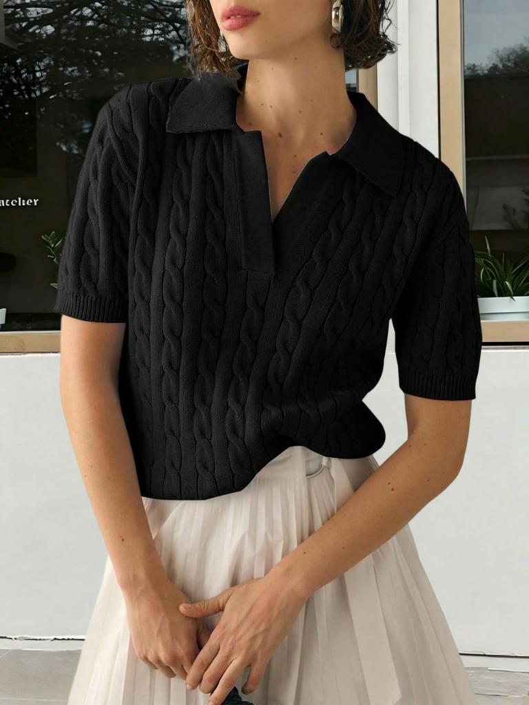 Women's Cable Knit V Neck Short Sleeve Pullover Sweater Solid Lapel Detail Casual Top