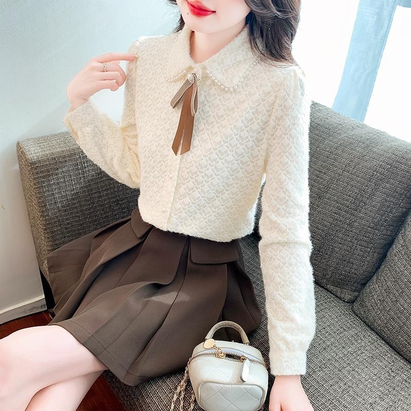 Noua 2024, la modă, iarnă, cu mânecă lungă, cu fundă, cu margele, guler răsturnat, bluză din dantelă, cămașă pentru femei, bluze, cămăși J802