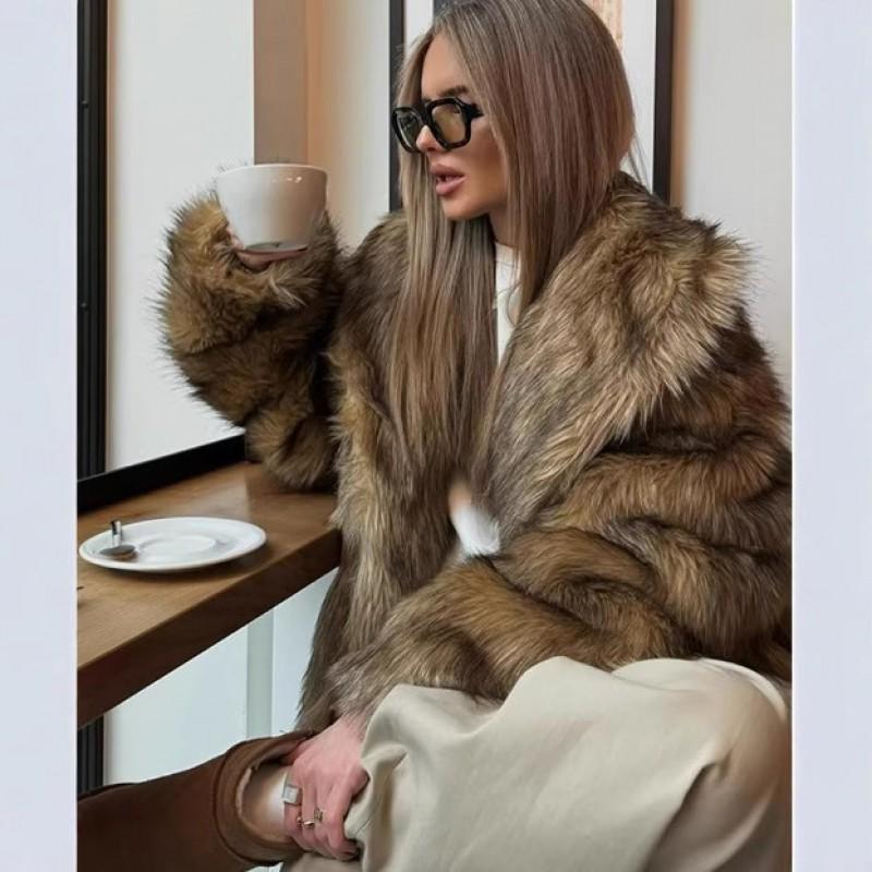 Womens Faux Fur Coat Winter Warm Fashion Lapel Regular Sleeve Streetwear