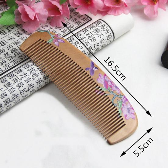 Painted Flower Peach Wood Healthy Scalp Comb Hair Massage Anti-Static Care Tool