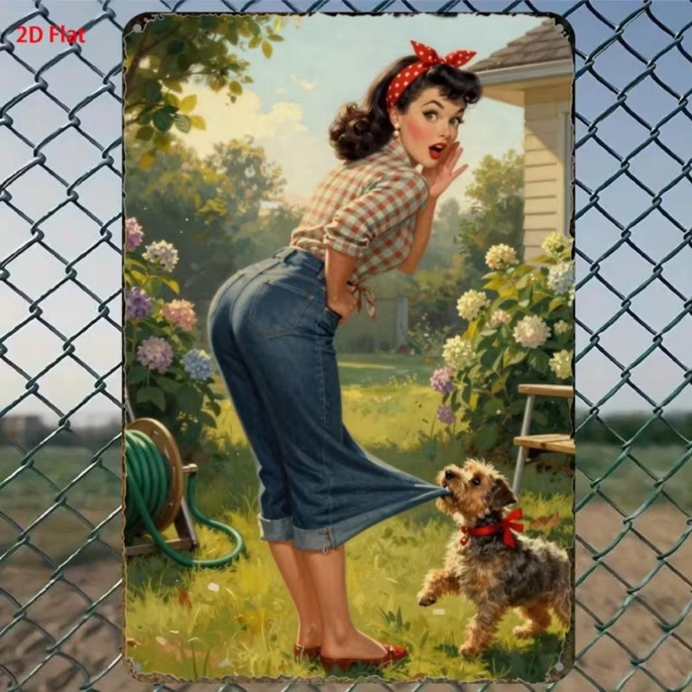 Vintage Pinup Girl in Red Polka Dot Dress Retro Metal Tin Sign Wall Art Decor