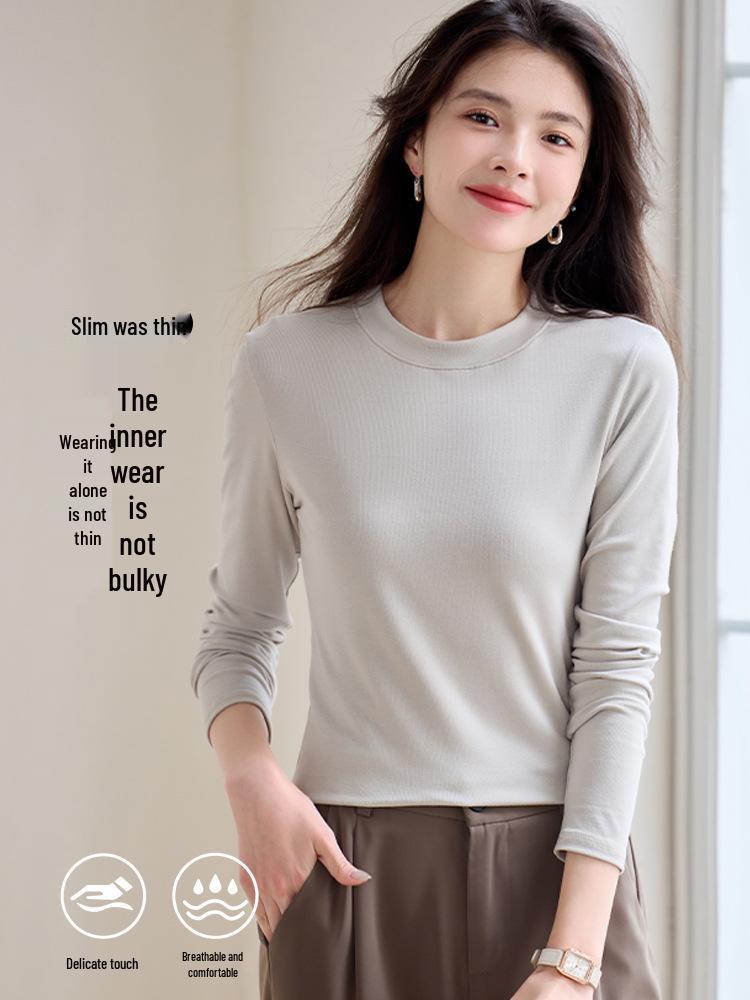 Women's Heavyweight Lyocell Long Sleeve Round Neck T-shirt with Plus Velvet Inner Layer - Slim Fit, Thickened for Autumn/Winter