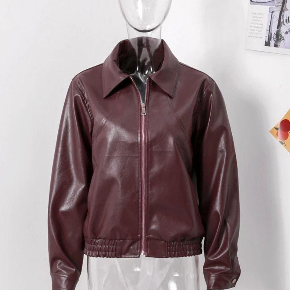 

Y2k Leather Jacket Women Long Sleeve Zipper Crop Overcoat Fashion Vintage PU Coats Holiday L вино красного