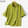 ZANZEA Damen Sommer Casual Shirt Kragen Halbarm Lose Diagonal Knopf Einfarbig Blusen