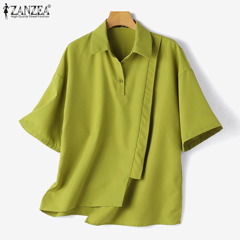 ZANZEA Damen Sommer Casual Shirt Kragen Halbarm Lose Diagonal Knopf Einfarbig Blusen