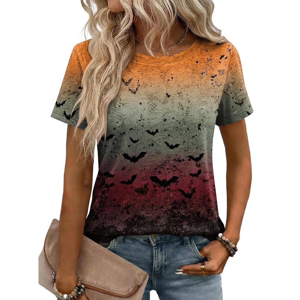 Women Casual Loose Fit Short Sleeve T Shirt Halloween Pumpkin Pattern Print Crew Neck Top Lightweight Soft Fabric