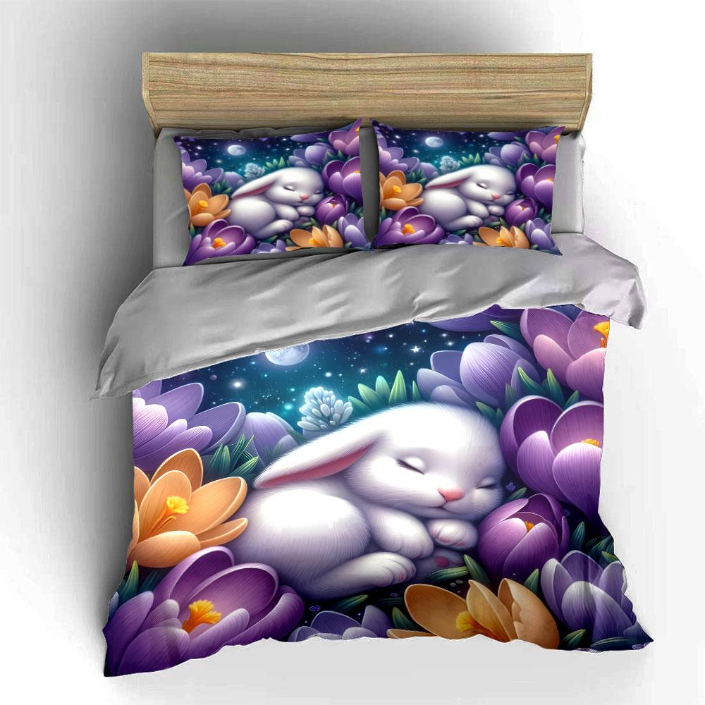 3pcs Colorful flowers, moonlit night, rabbit Print Bedding Set 1 Duvet Cover 2 Pillowcases for Adult and Children Luxury Gift