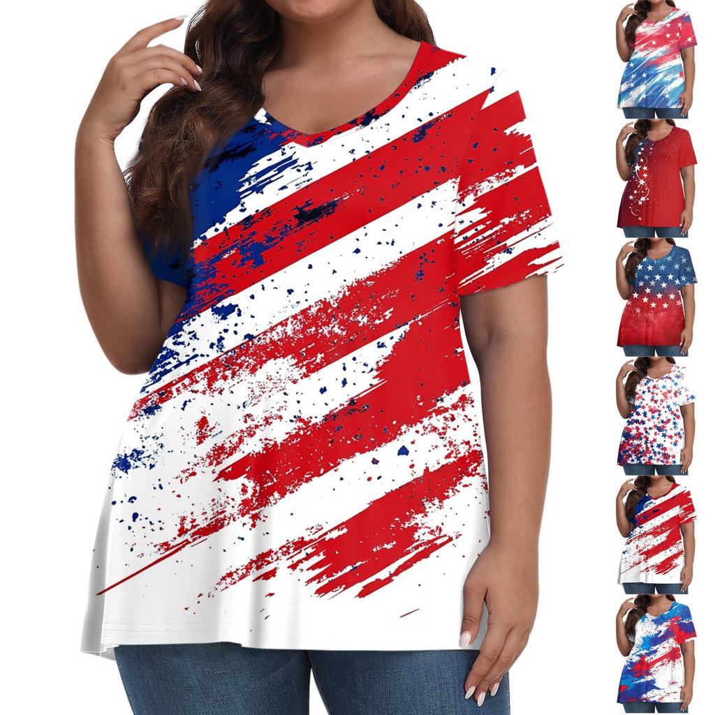 Women's Fashion Casual V-Neck Pullover Short Sleeve Large Size Printed T-Shirt Top