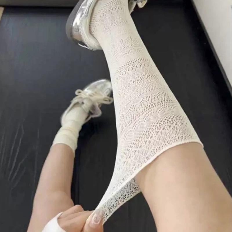 1 Pairs Women Lace Trimmed Knee High Socks Summer Hollow Out Design Lightweight Breathable Soft Comfortable Casual Socks