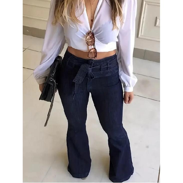 Ladies Deep Blue High Waist Bell Bottom Jeans Elastic Stretch Leg Lengthening Belted Waist