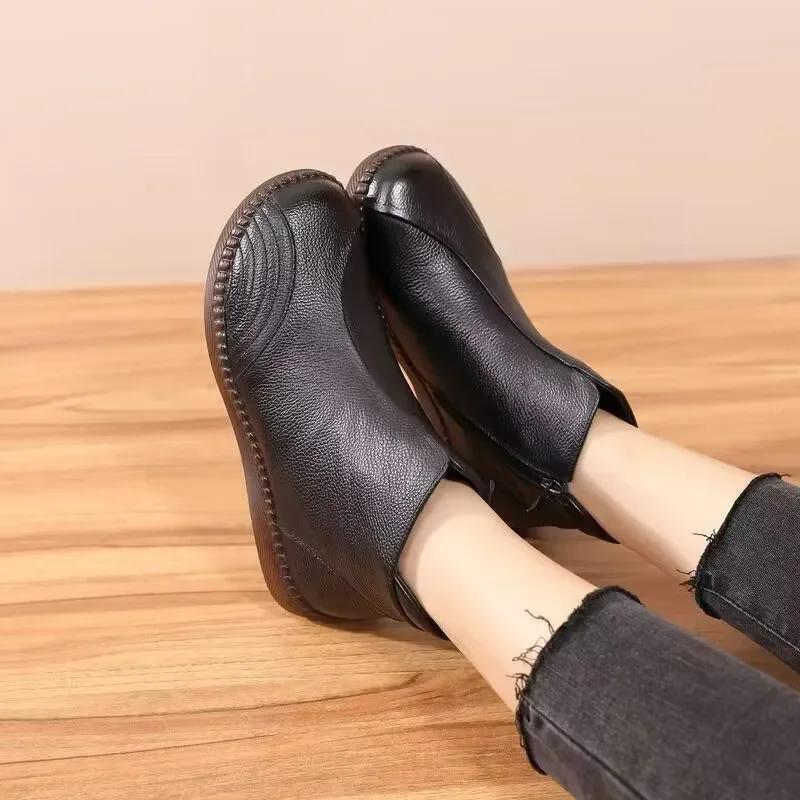 2025 Autumn Retro Shoes Woman Winter Boots  Women's Genuine Leather Shoes Female Ankle Boots Flat With Zip Botas