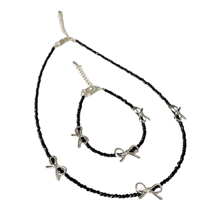 

Elegant Black Crystals Beaded Bowknot Jewelry Set Bracelet Necklace Ornament for Women Evening Party Accessories 1
