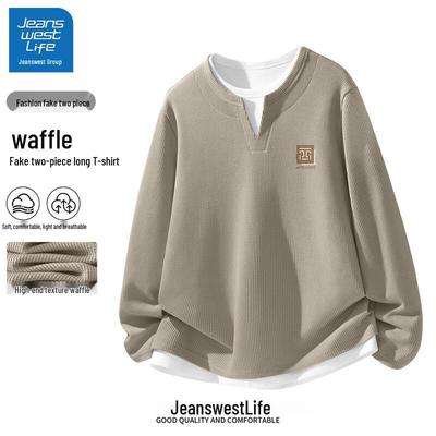 Jeanswest Men's Fake Two-Piece Waffle Long Sleeve T-Shirt