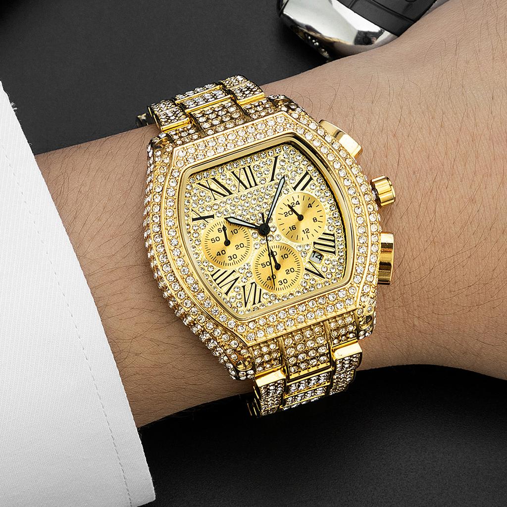 Gold Watch For Men Hip Hop Bling Bling Tonneau Quartz Watches For Large Man Waterproof Millerable Hand Clock Gift